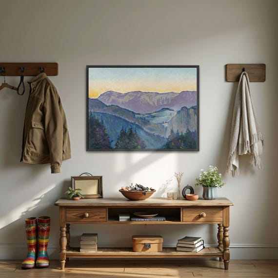 Framed Print Of Mountain Landscape At Sunset Mountain Fine Art Print Purple And Blue Living Room Decor Rustic Oil Painting