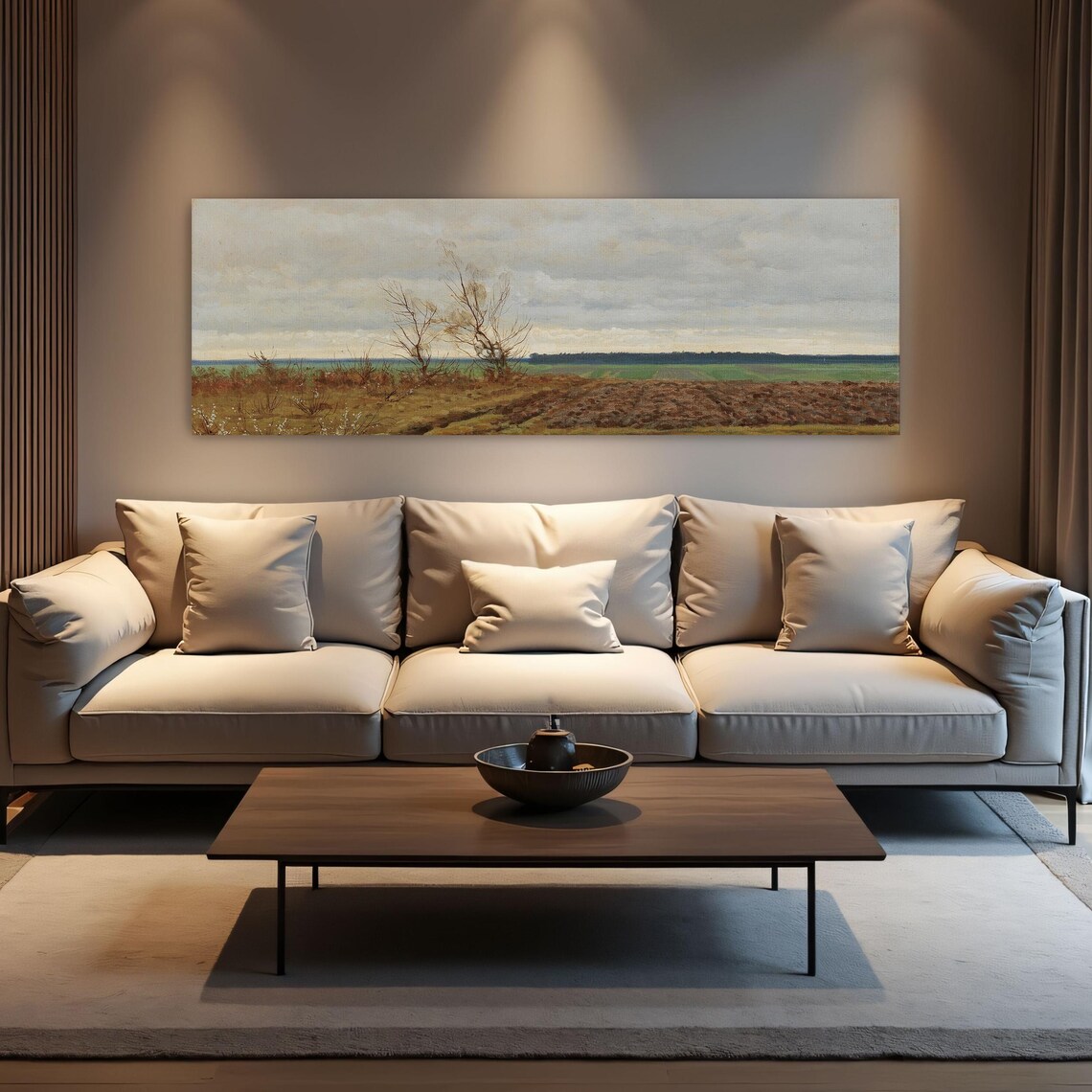 Landscape Painting With Trees And Field Panoramic Wall Art Horizontal Framed Art Above Bed Wall Art Bedroom And Living Room Art Wide - Image 3