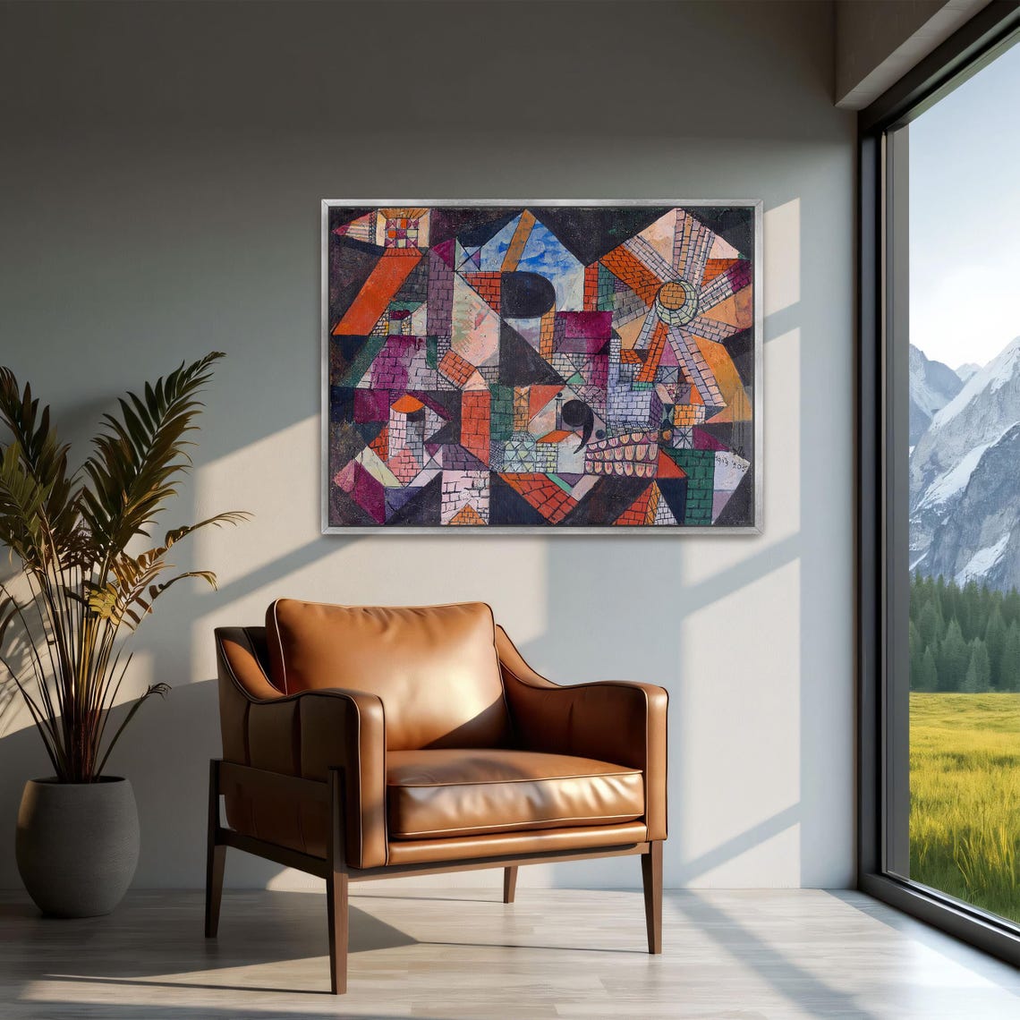 Paul Klee Large Framed Print Abstract Geometric Cityscape With Sun Geometric Wall Art Orange And Red Entryway Decor - Image 2