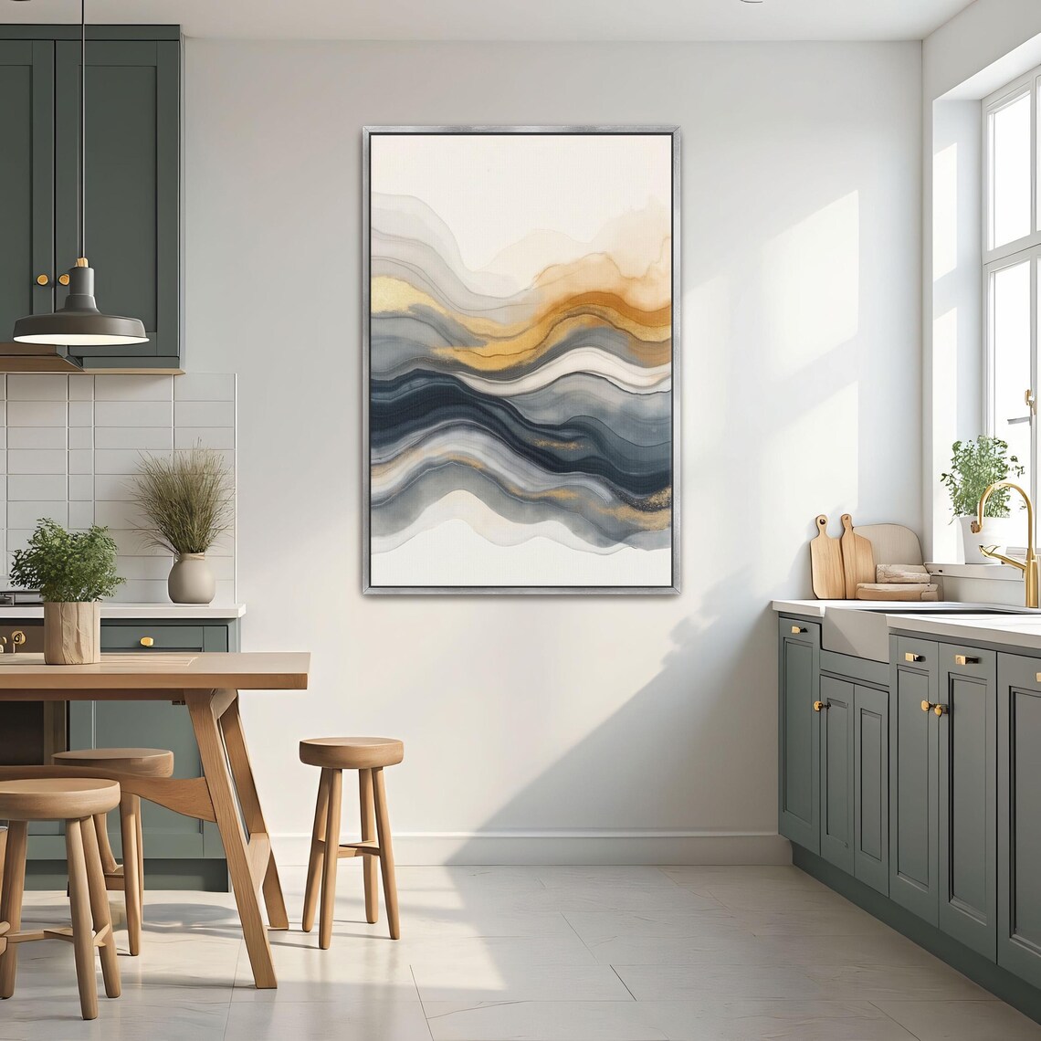 Abstract Gold And Slate Grey Layered Watercolor Wave Art Framed Poster - Image 2