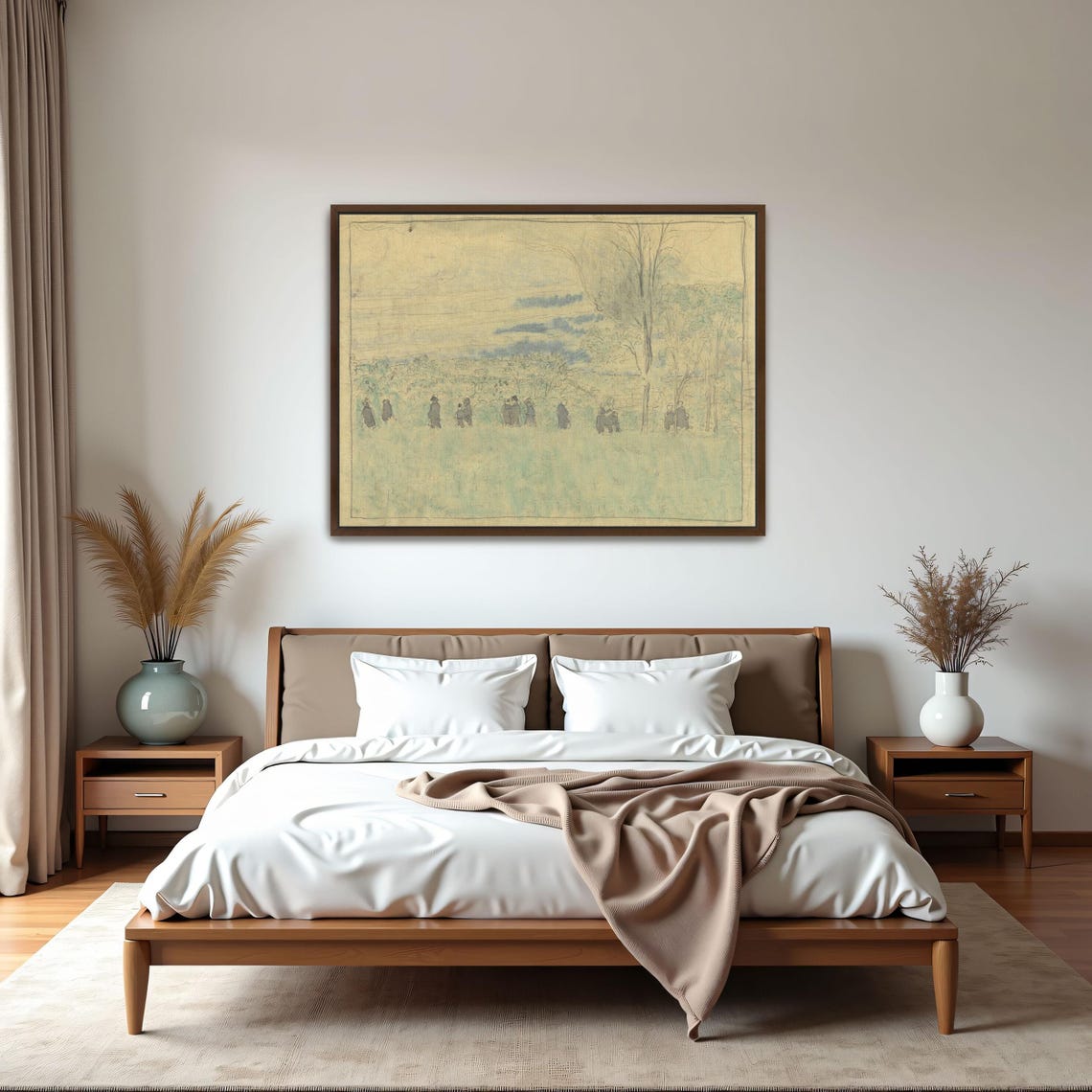 Strollers in a Pale Meadow Delicate Yellow Green Landscape Poster - Image 6