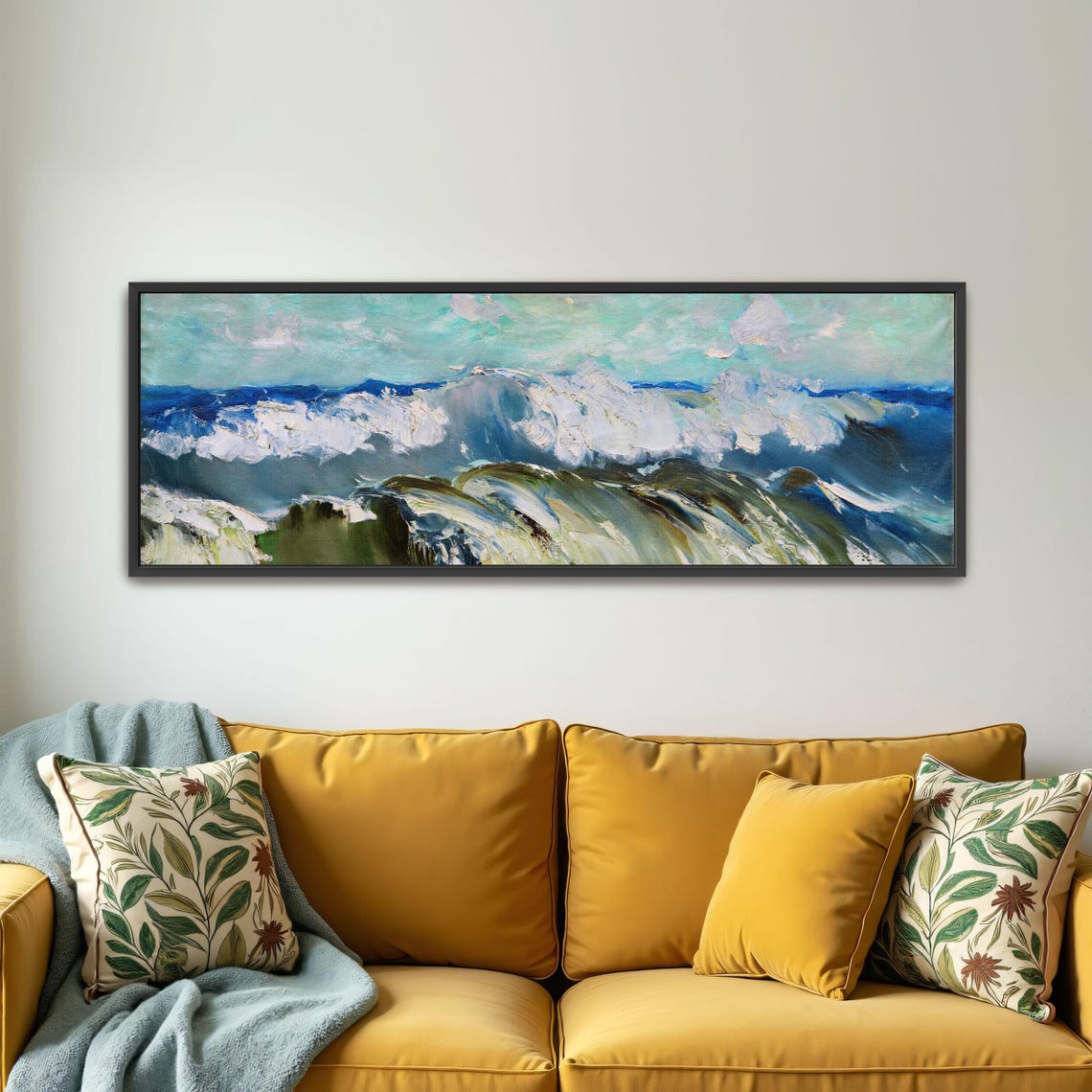Impressionist Ocean Waves in Blue and White Panoramic Poster - Image 4