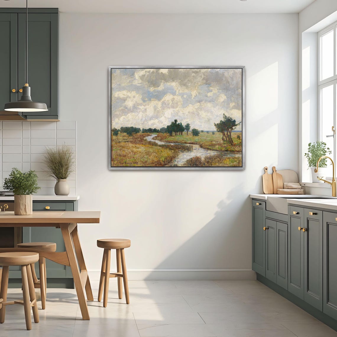 Large Framed Print Of A River Meanders Through A Field Landscape Print White And Blue Bedroom Art Print Boho Decor - Image 2