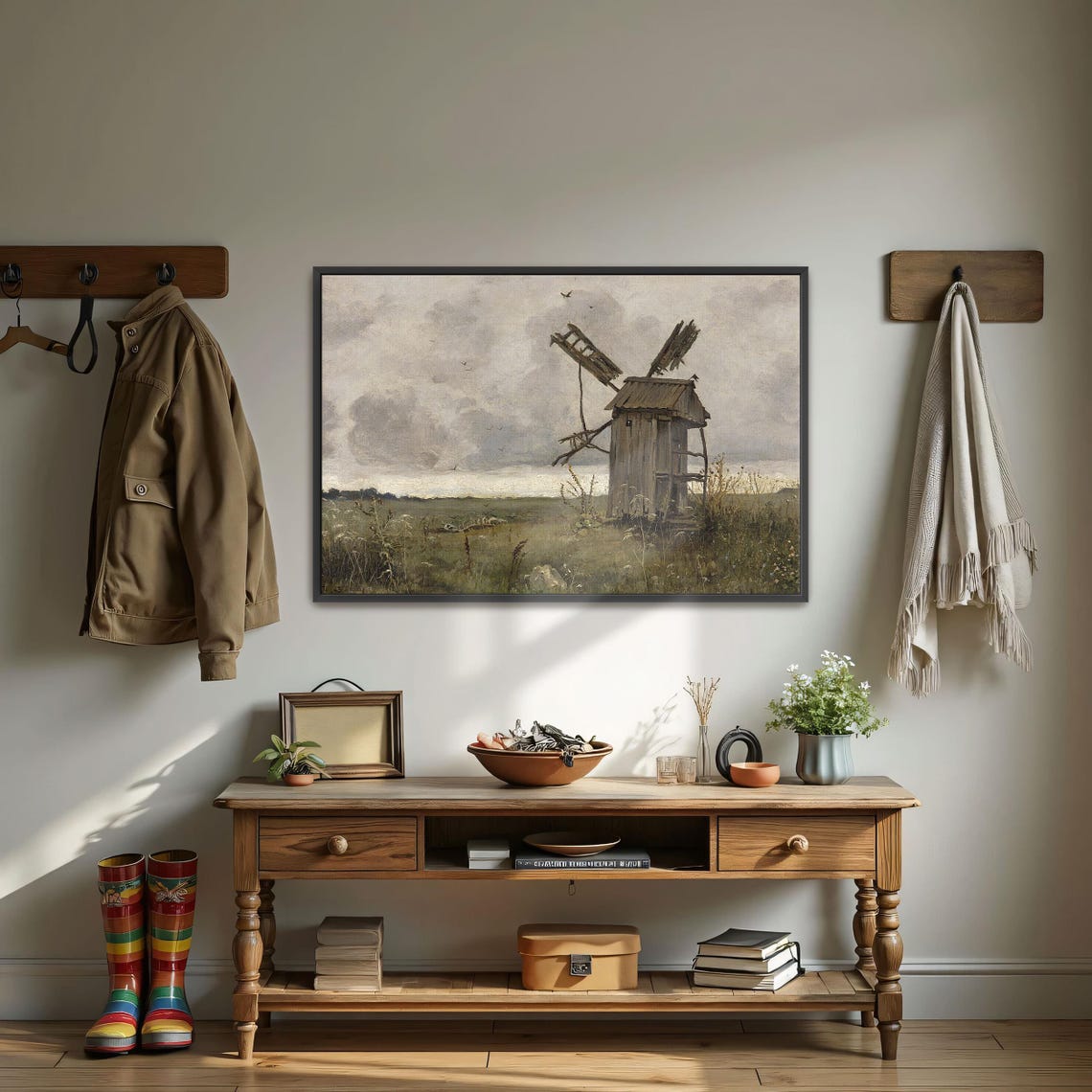 Dilapidated Windmill in Open Field Moody Rural Landscape Poster - Image 4