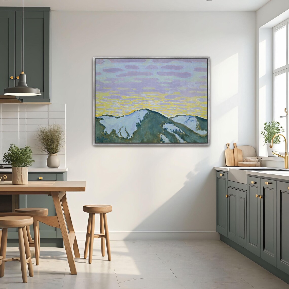 Snowy Mountain Peaks at Dusk Purple and Yellow Sky Art Poster - Image 3
