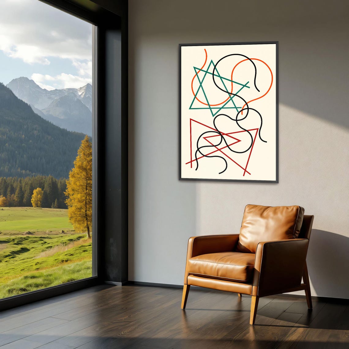 Minimalist Geometric Line Art Black Red Teal Abstract Poster - Image 3