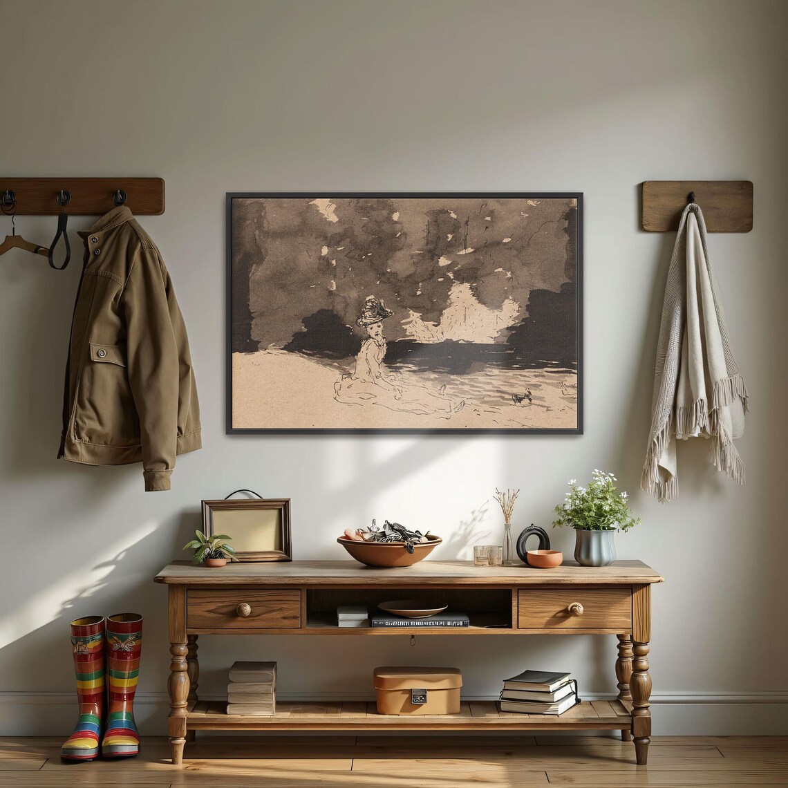 Woman And Dog Resting By Dark Waters In Sepia Wash Illustration Poster