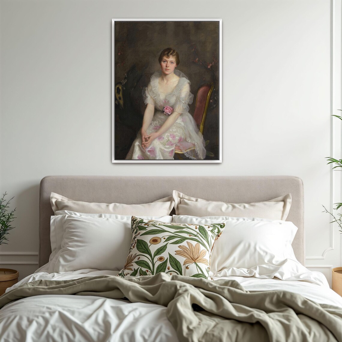 Portrait of a Woman in a White Floral Dress Classic Painting Poster - Image 3
