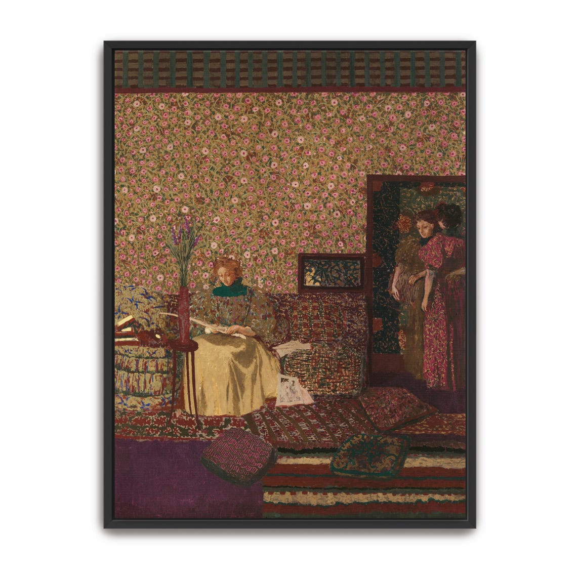 Woman Reading Amid Floral Wallpaper In A Patterned Interior Poster