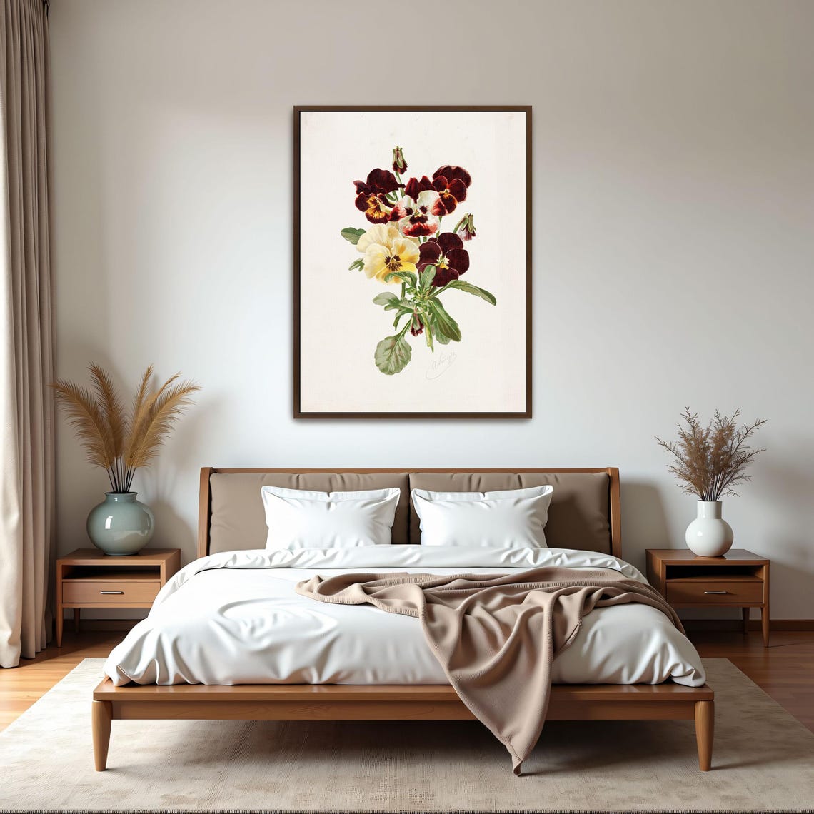 Dark Maroon And Yellow Pansies Bouquet Vintage Botanical Art Poster