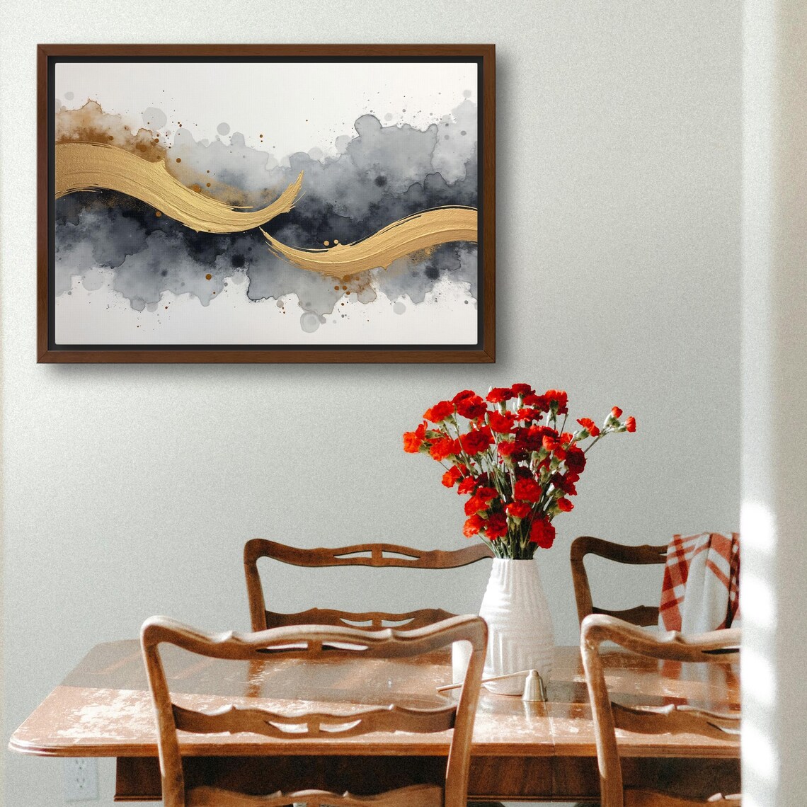 Twin Gold Brushstroke Ribbons Gliding Over Dark Ink Wash Poster - Image 3