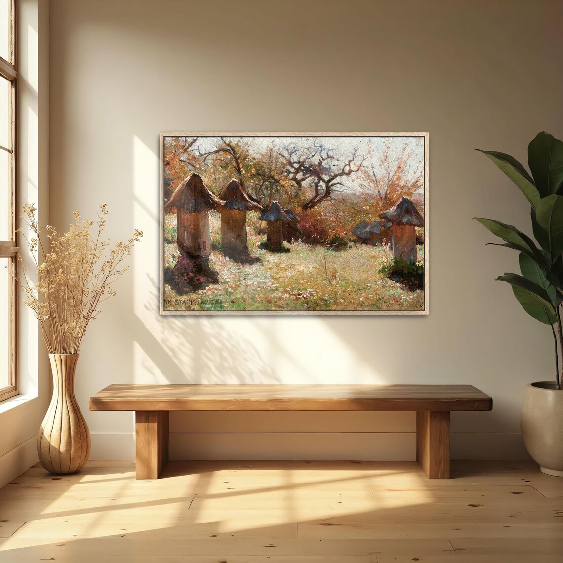 Thatched Beehive Huts In A Sunlit Autumn Forest Clearing Poster - Image 4