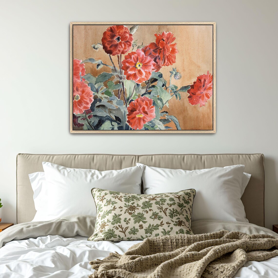Red Dahlias Watercolor Bouquet on Warm Ground Floral Art Poster - Image 5