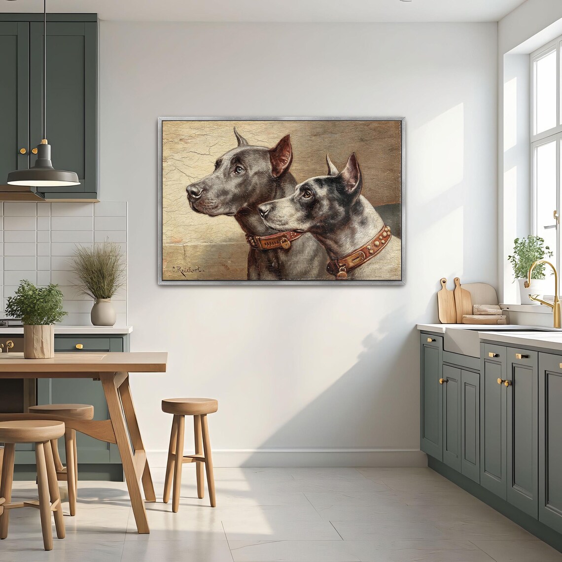 Two Great Danes Wearing Studded Collars Vintage Dog Portrait Poster