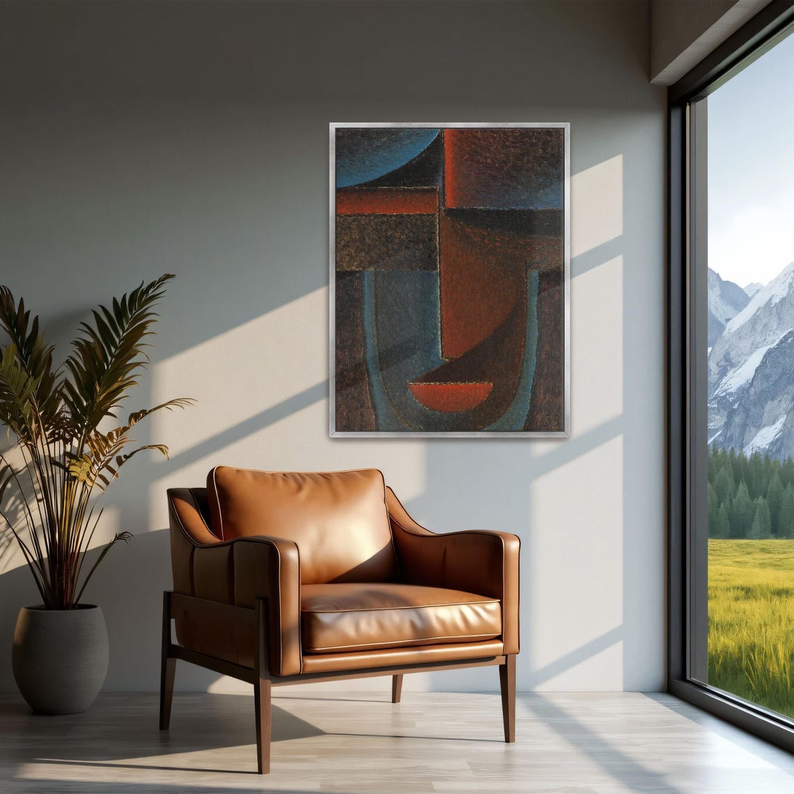 Dark Geometric Abstract Head in Blue Red and Brown Tones Poster - Image 2