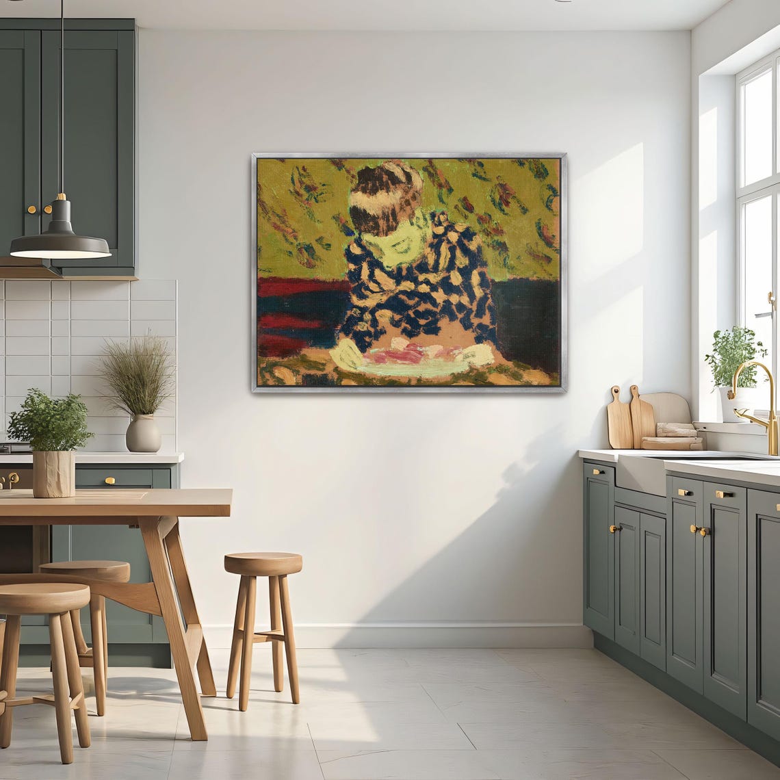 Woman in Patterned Robe at Table Impressionist Portrait Poster - Image 3