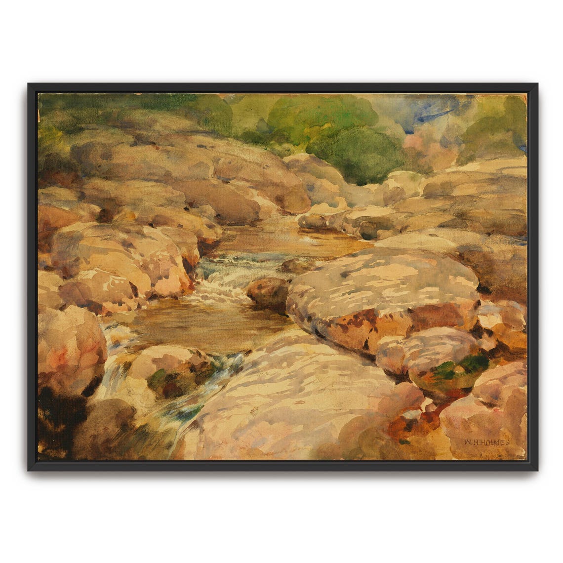 Framed Print Of Watercolor Painting Of A Stream In A Rocky Landscape Landscape Fine Art Print White And Yellow Boho Wall Art