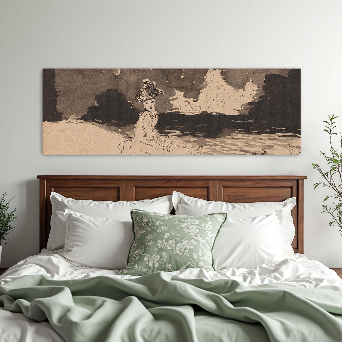 Woman in a Hat by the Water Impressionist Sepia Ink Sketch Poster