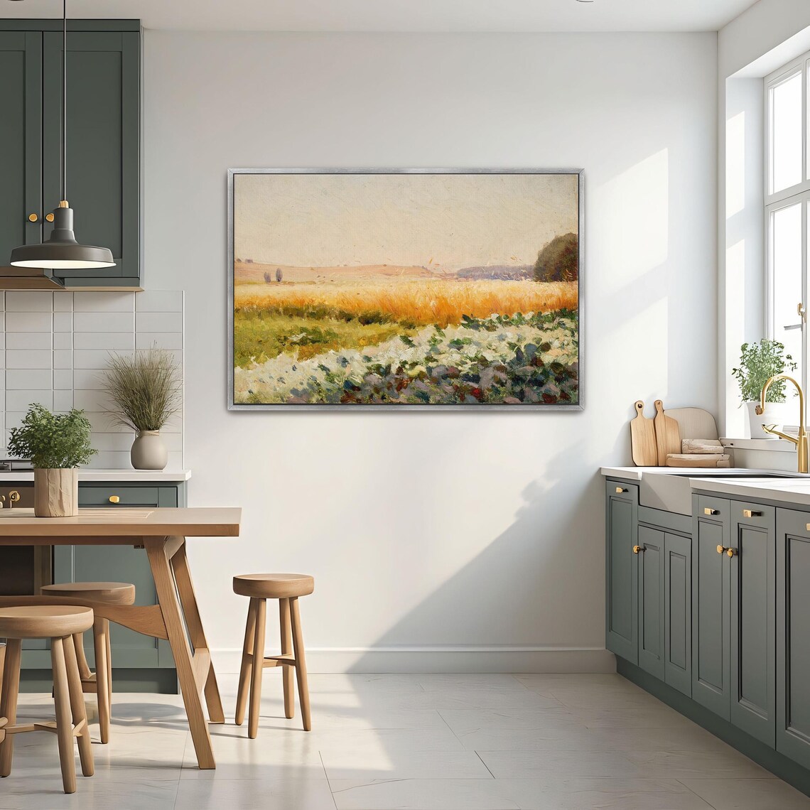 Framed Wall Art Of Field Of Cabbage With Distant Trees Landscape Wall Art Green And White Entryway Decor Rustic Oil Painting - Image 3