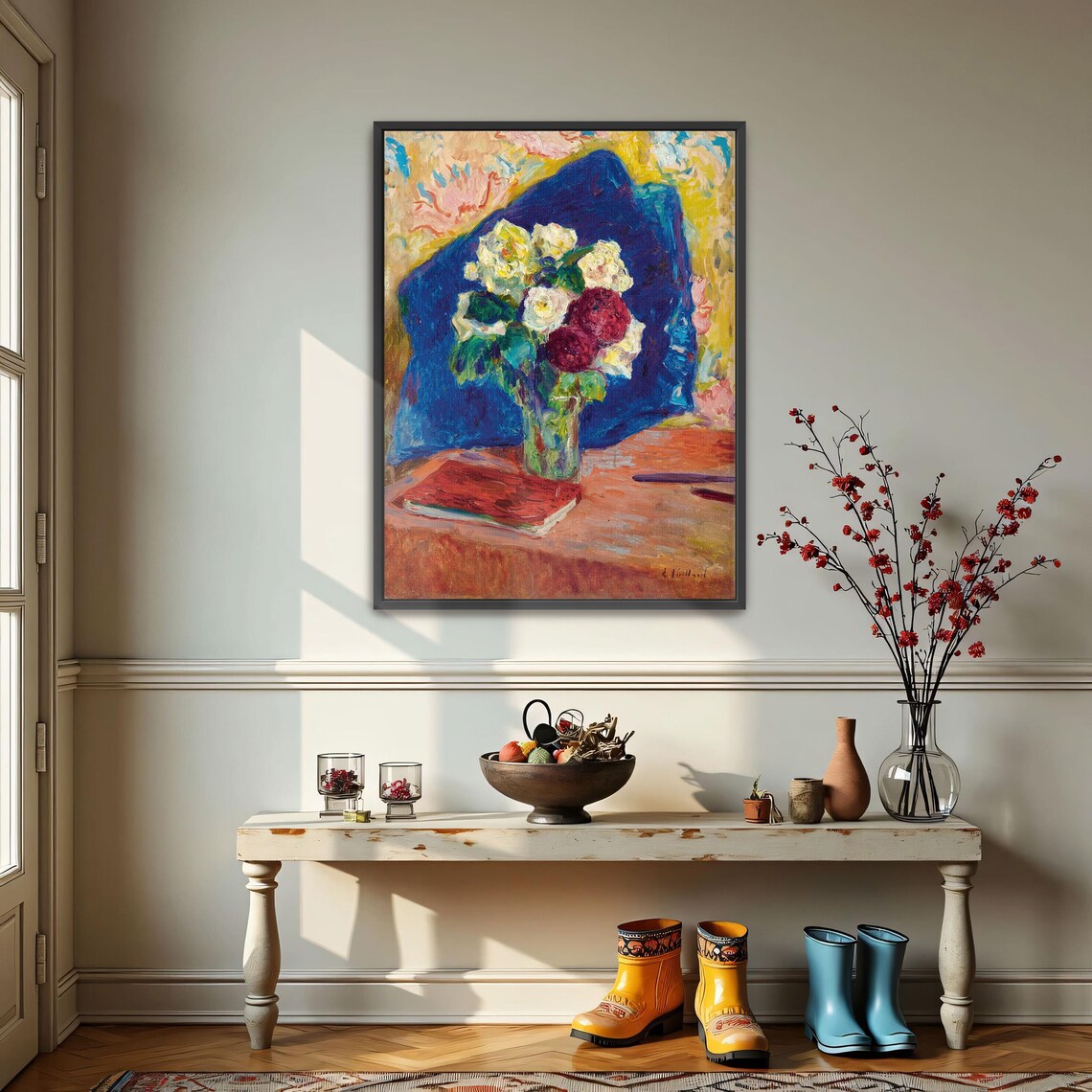 White and Red Roses in Vase With Book Fauvist Still Life Poster