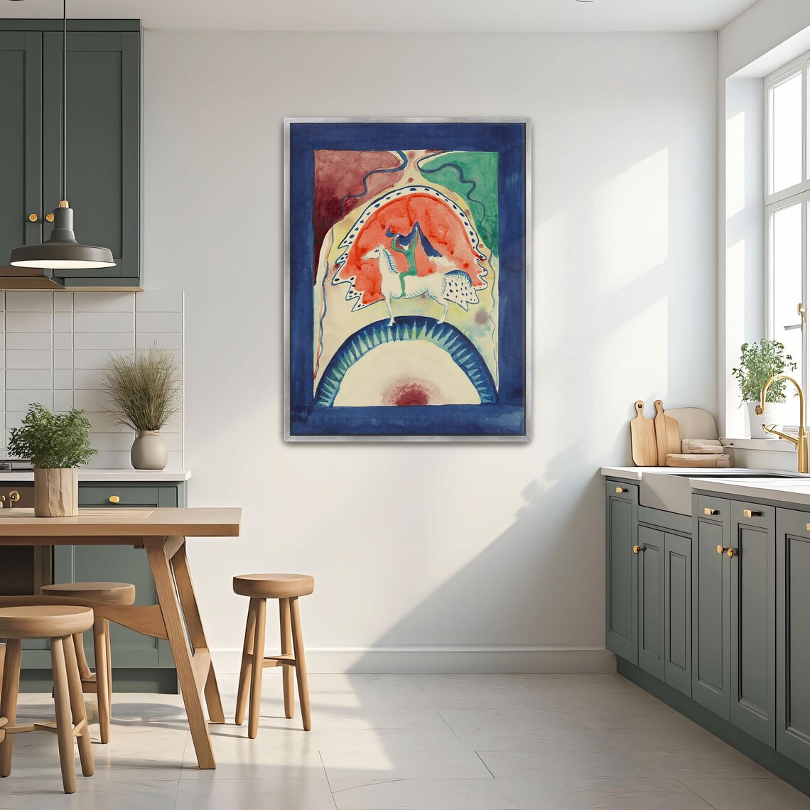Rider on a White Horse Folk Art Style Watercolor Scene Poster