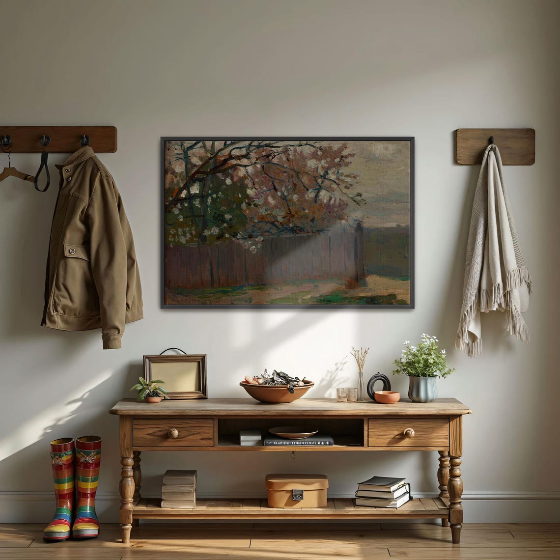 Framed Wall Art Of A Fence In A Flowering Garden Landscape Print Brown And Green Living Room Art Print Rustic Oil Painting - Image 3