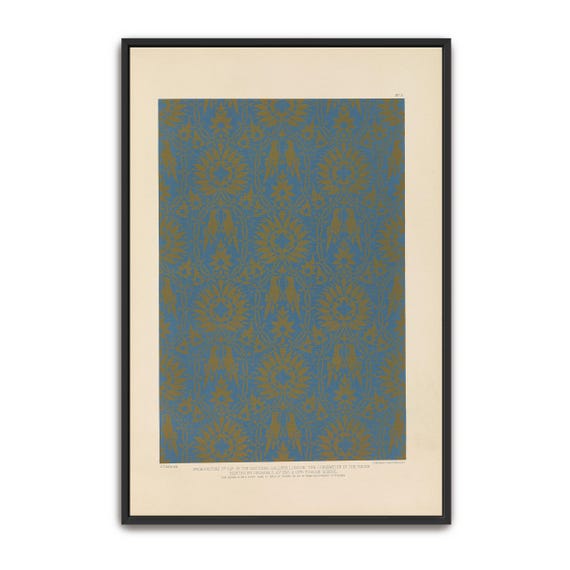 Large Framed Print Of Gold Floral Pattern On Blue Background Pattern Wall Art Blue And Gold Entryway Artwork Geometric Art