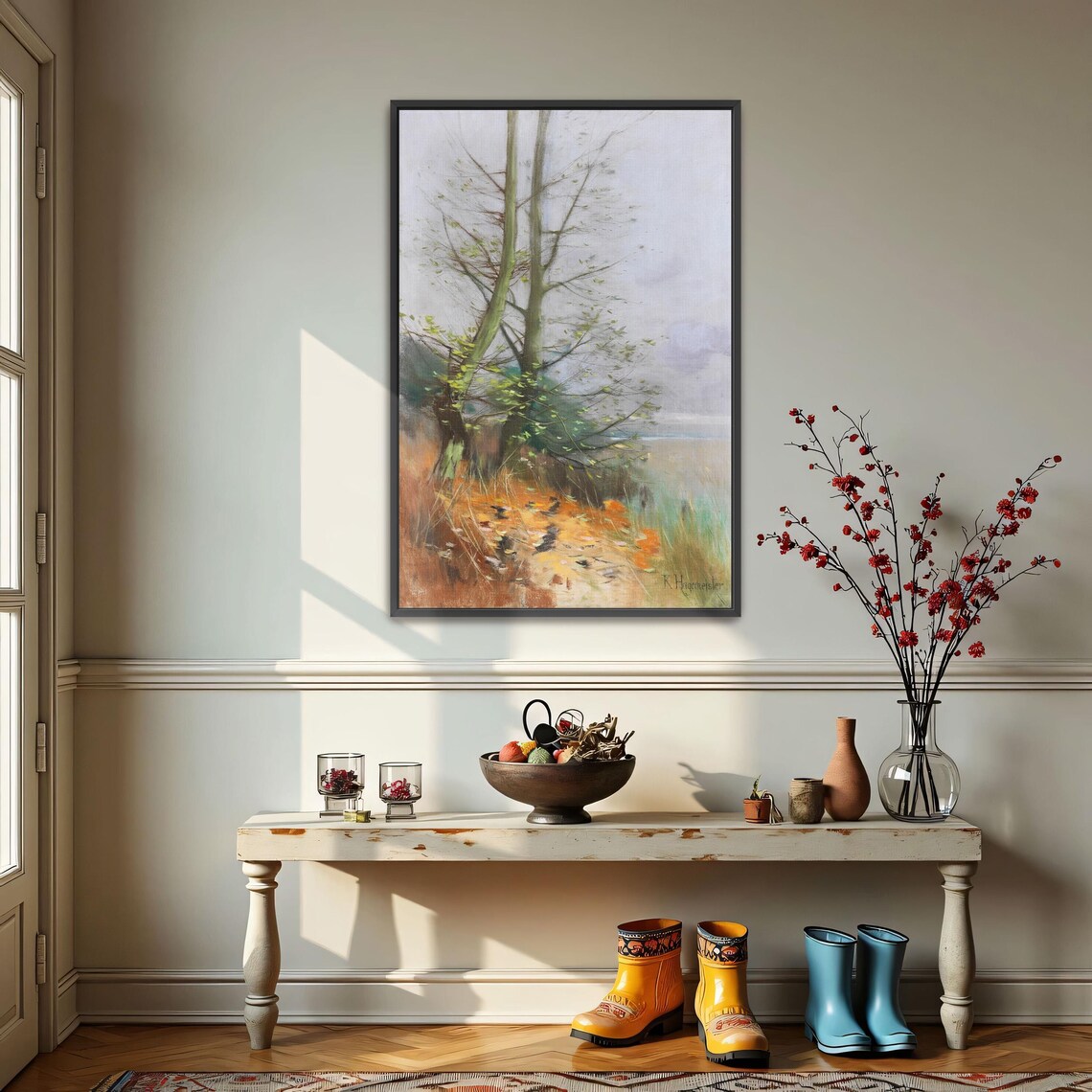 Large Framed Print Of Two Trees In A Foggy Landscape Landscape Fine Art Print Green And Gray Entryway Decor - Image 3