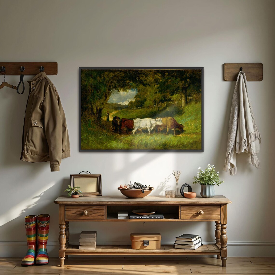 Vintage Pastoral Painting Of Cows With A Woman In A Field Poster - Image 3
