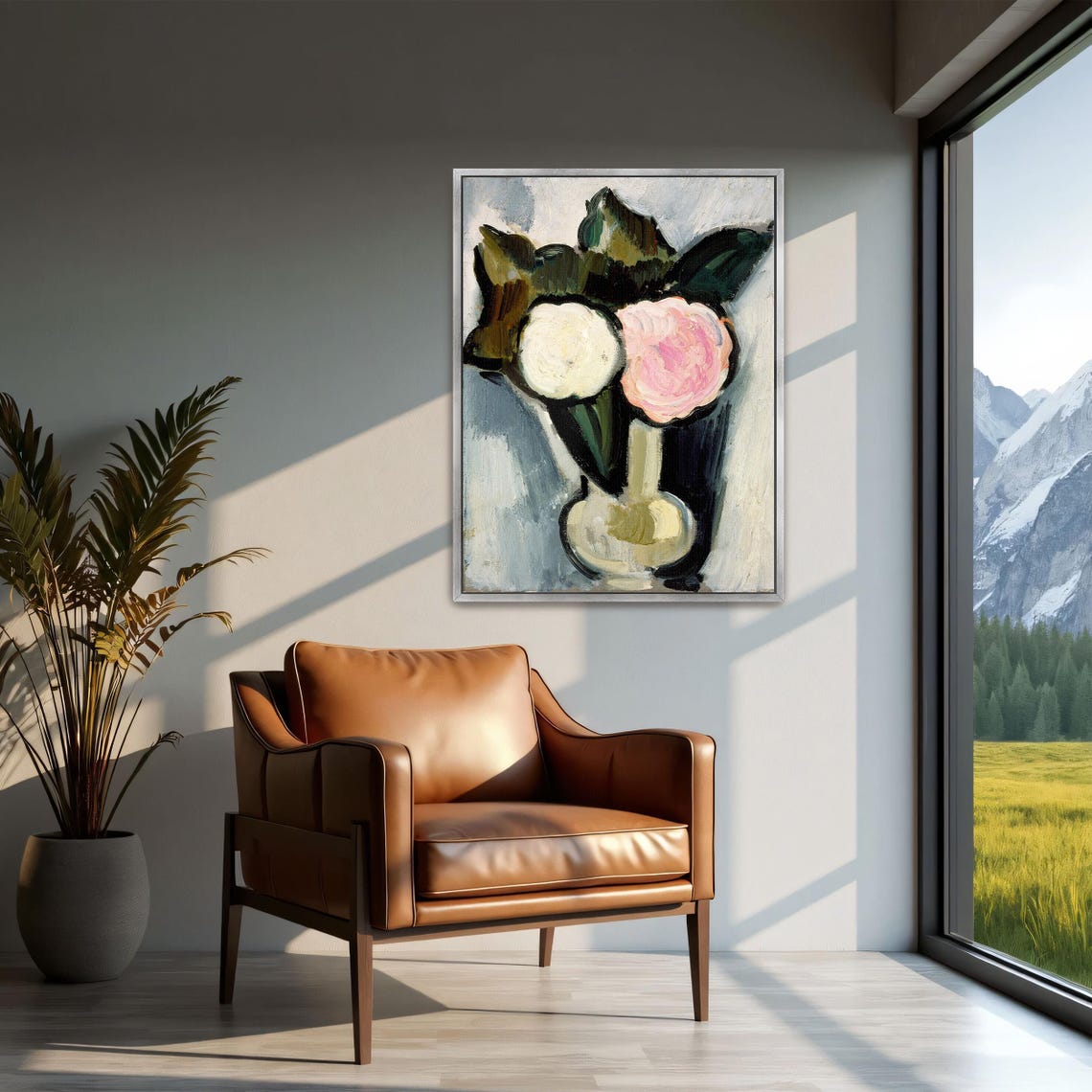 Framed Wall Art Of White And Pink Flowers In A Vase Floral Fine Art Print White And Green Entryway Artwork Bohemian Oil Painting - Image 2