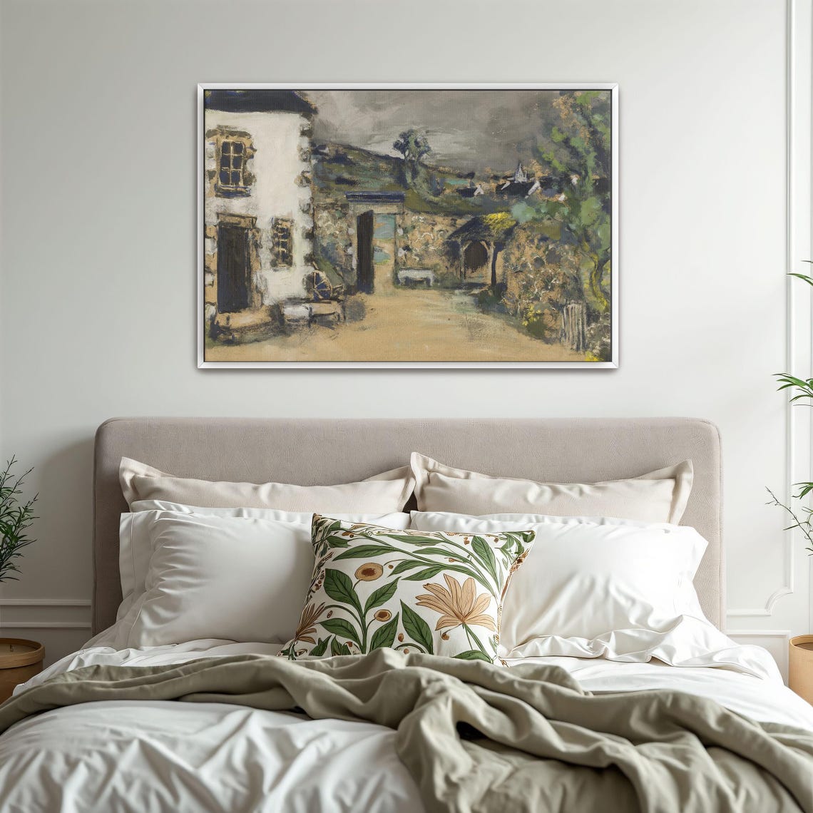 Stone Farmhouse Courtyard Rustic Pastel Village Landscape Poster - Image 2