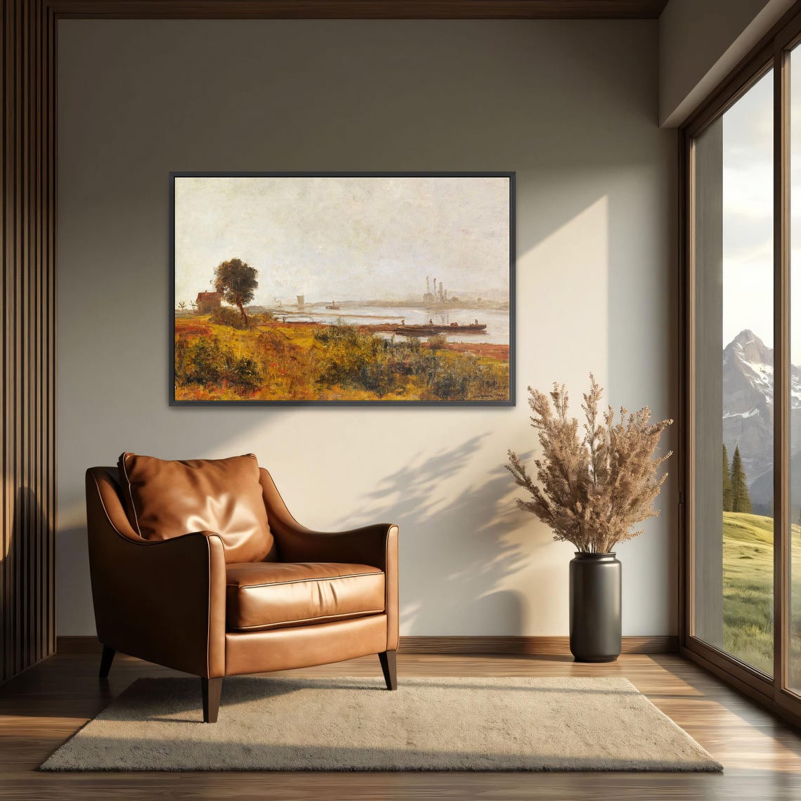Framed Wall Art Of River Landscape With Boats And A House Landscape Print Brown And White Living Room Artwork Minimalist Art