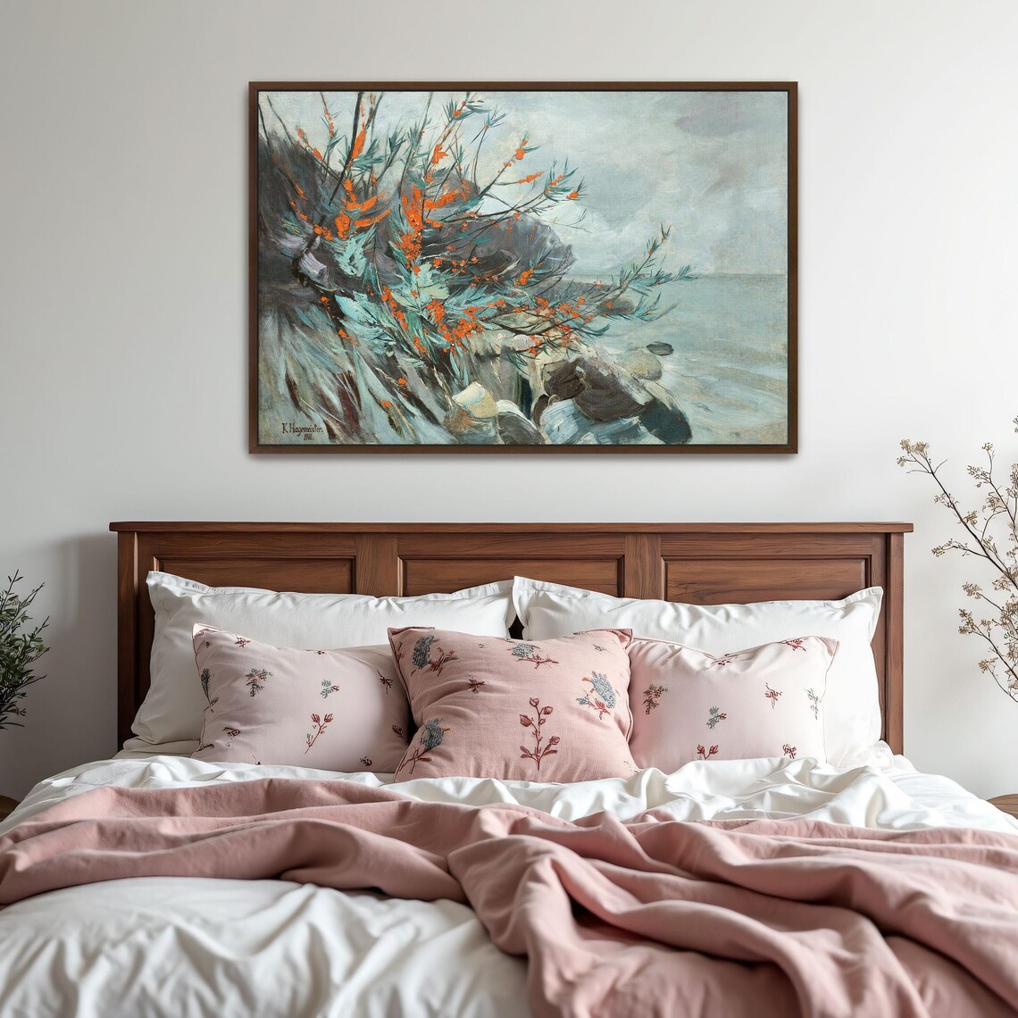Rocky Seacoast with Bright Orange Berry Bushes Coastal Art Poster - Image 6