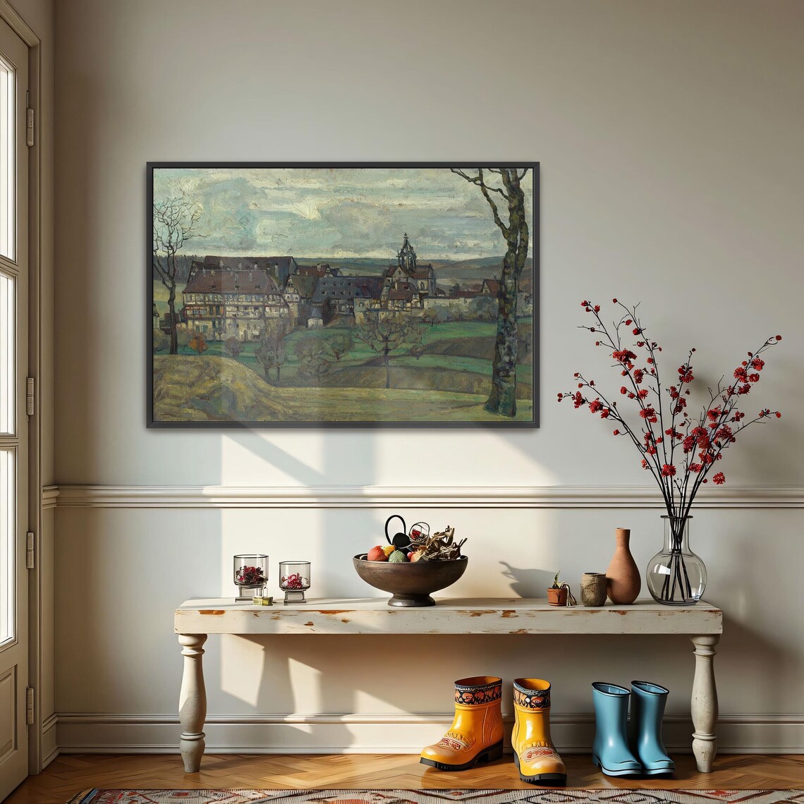 Vintage Oil Painting Of A European Village With A Church Tower Poster - Image 3