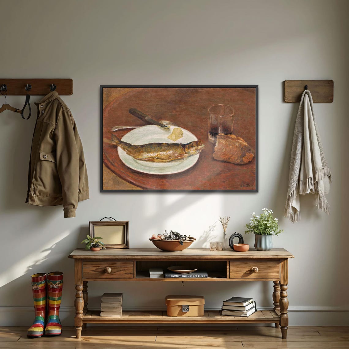 Fish Bread and Glass Rustic Kitchen Still Life Oil Painting Poster