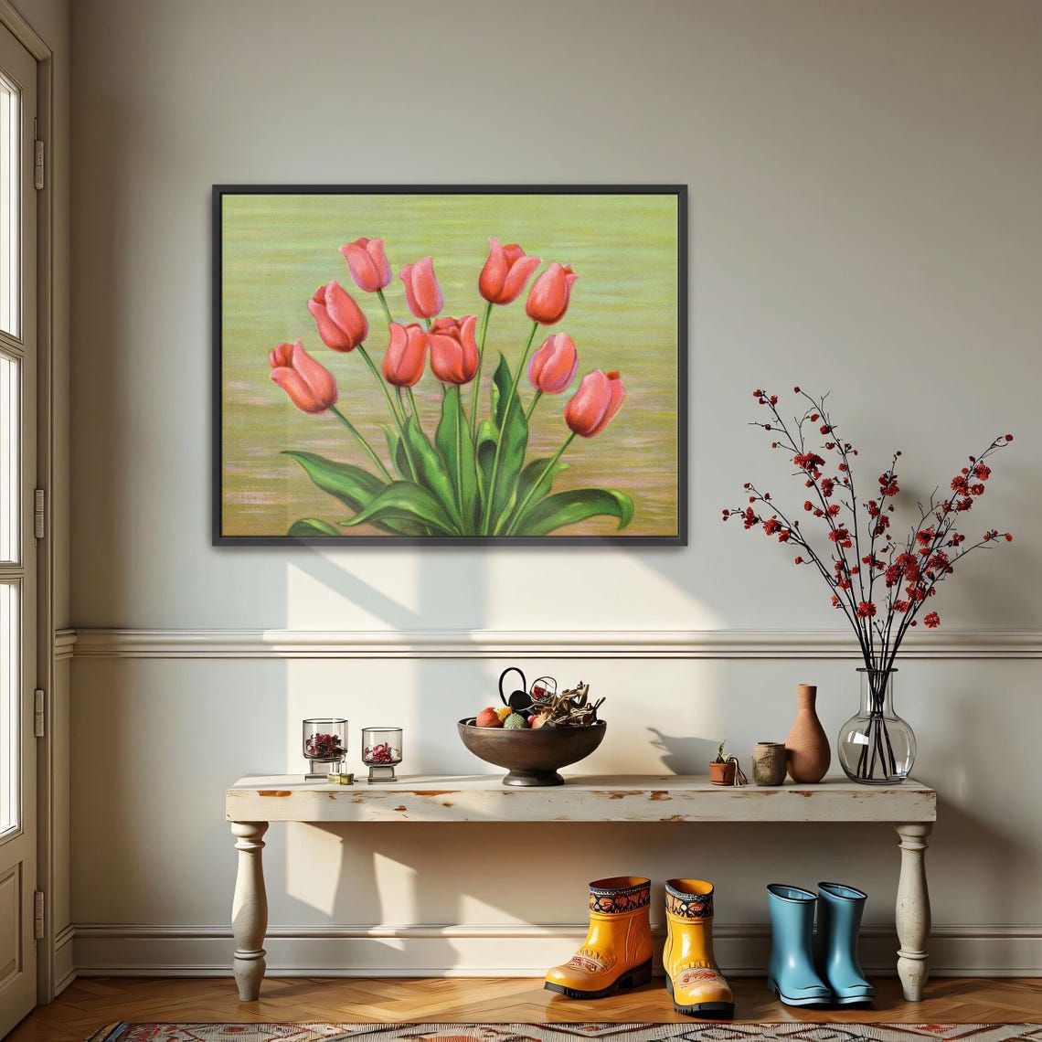 Red Tulips against a Green Background Contemporary Floral Poster - Image 2