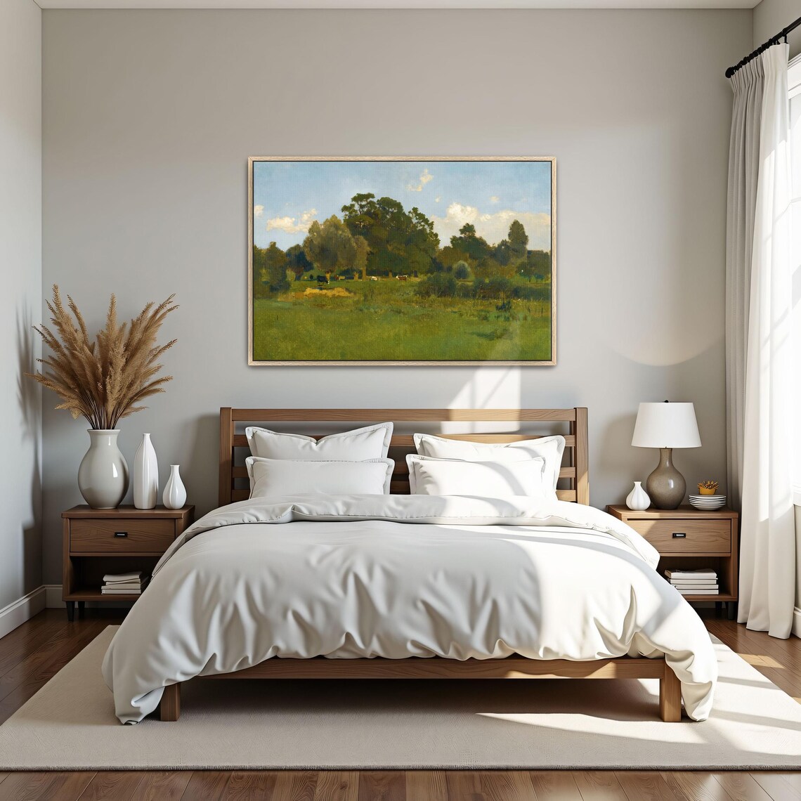 Peaceful Meadow With Grazing Cows Rustic Vintage Oil Painting Print - Image 4