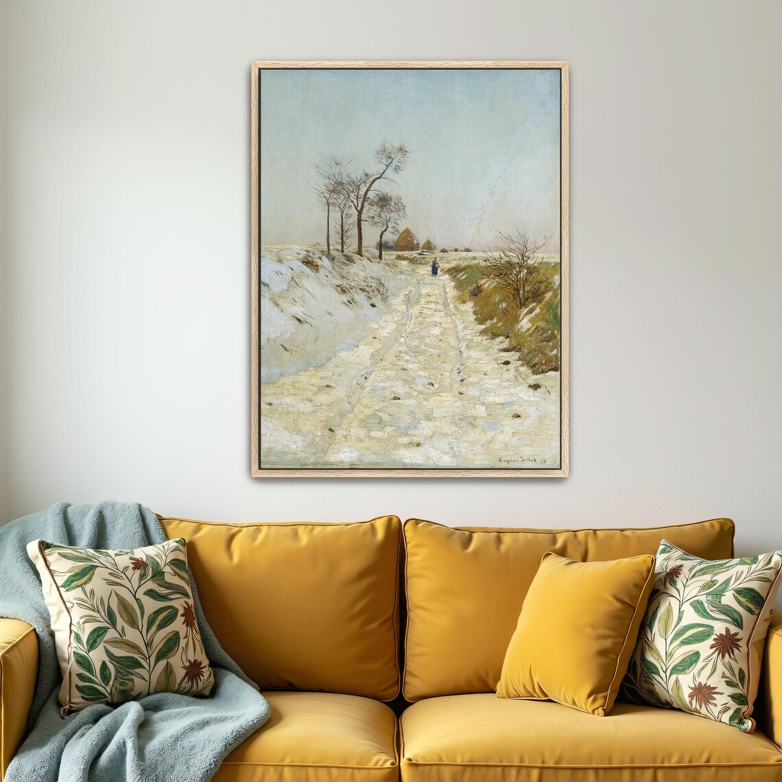 Large Framed Print Of Snowy Path With Trees And Hay Bales Landscape Fine Art Print White And Gray Bedroom Art Print - Image 4