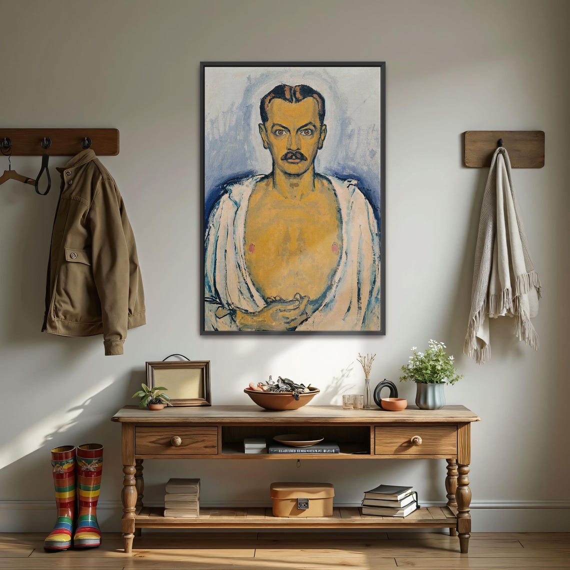 Mustached Bare-Chested Man Expressionist Portrait Painting Poster - Image 3