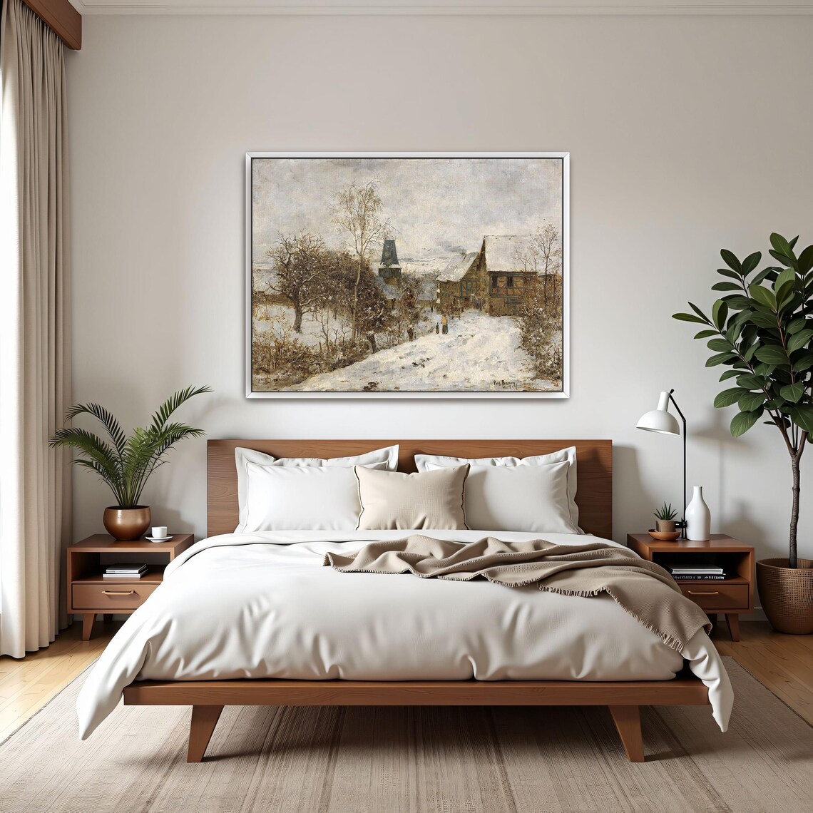 Snowy Village Lane with Houses on a Quiet Winter Day Art Poster