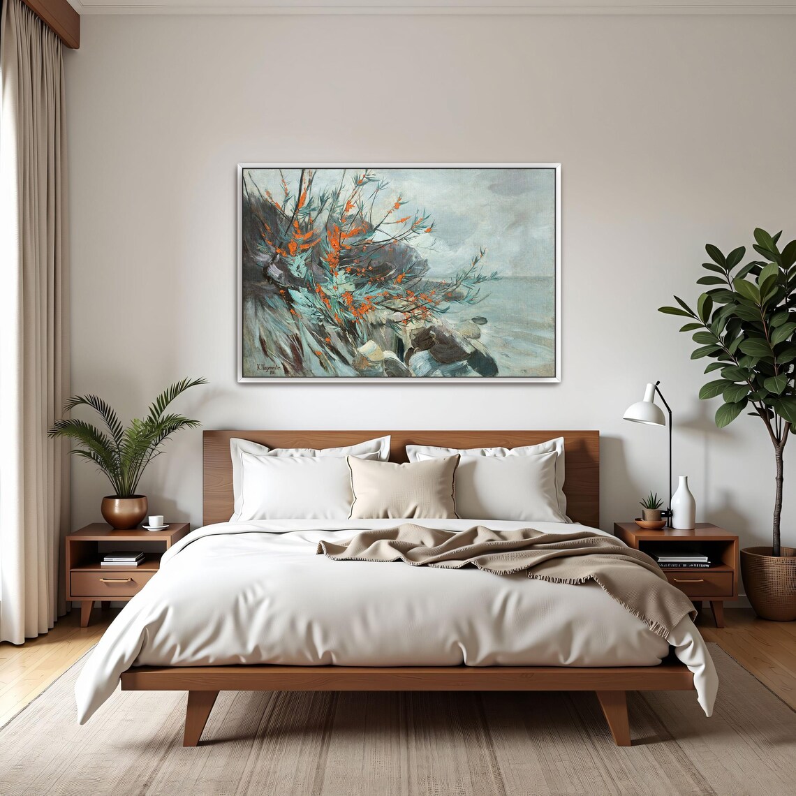 Rocky Seacoast with Bright Orange Berry Bushes Coastal Art Poster