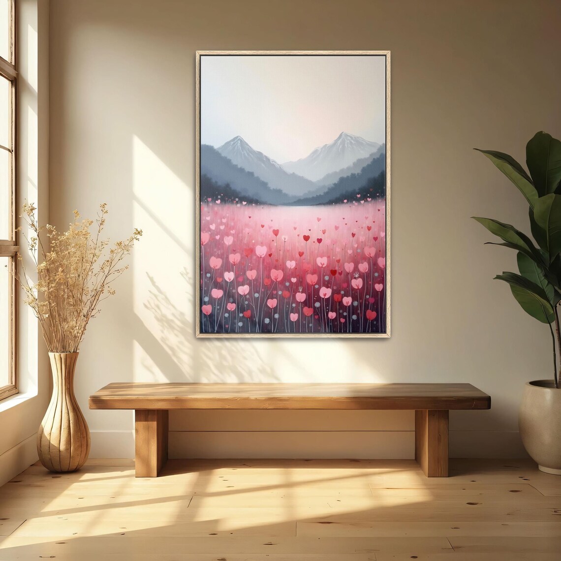 Field Of Pink Heart Shaped Flowers With Snowy Mountains Poster - Image 4