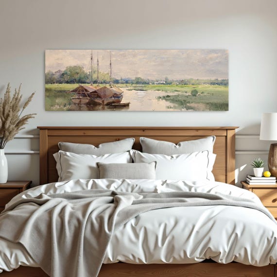 Three Sailboats Docked In A River Panoramic Wall Art Horizontal Framed Art Above Bed Wall Art Bedroom And Living Room Art Wide Narrow