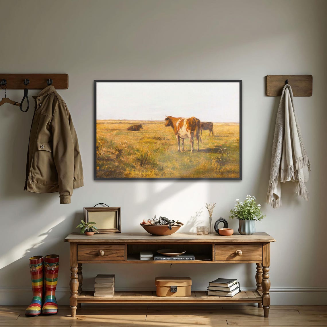 Three Cows Grazing In A Golden Pasture Under A Hazy Sky Poster