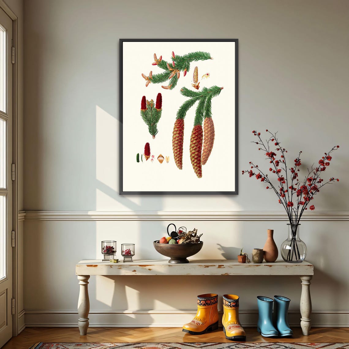 Norway Spruce Branches with Pinecones Botanical Illustration Poster