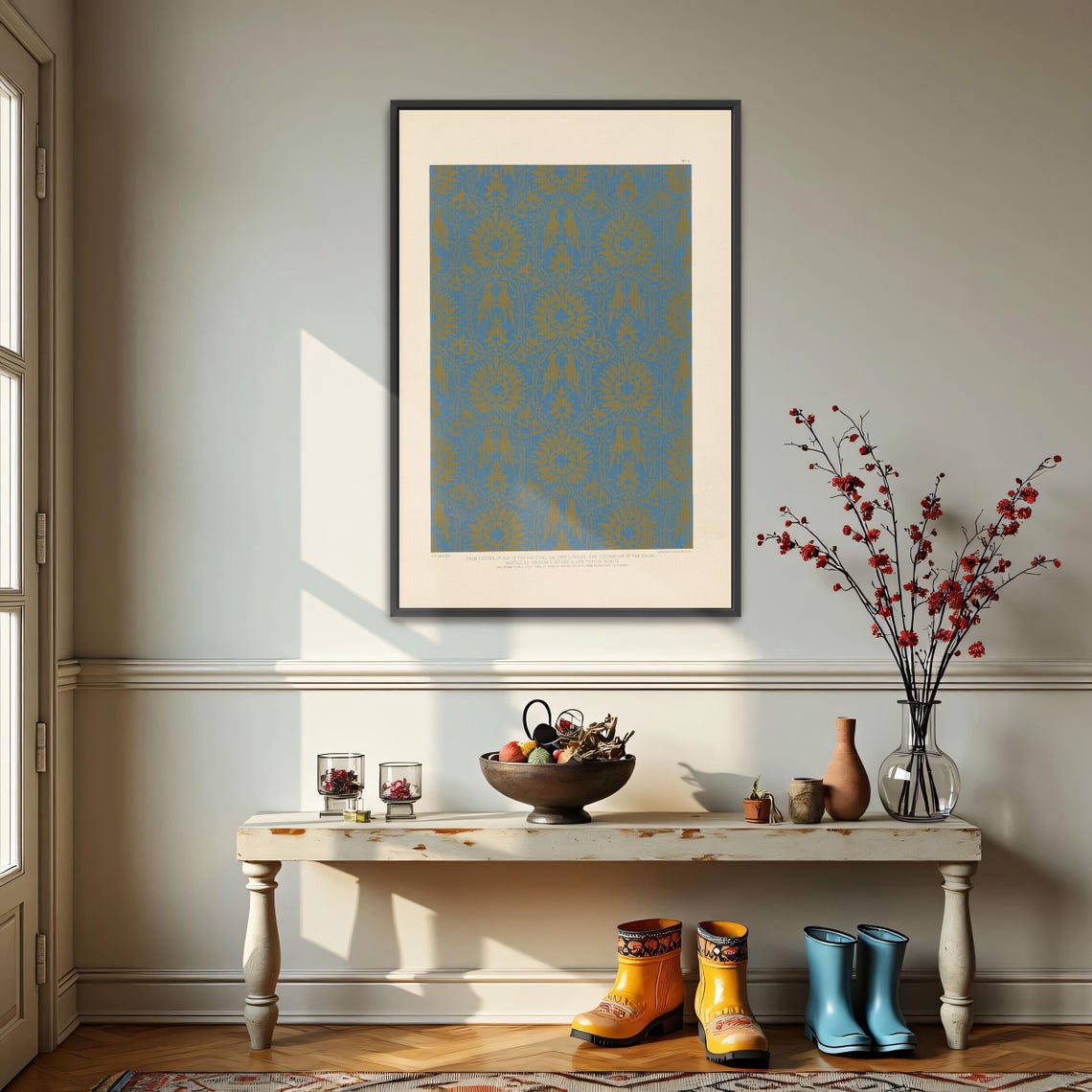Large Framed Print Of Gold Floral Pattern On Blue Background Pattern Wall Art Blue And Gold Entryway Artwork Geometric Art - Image 3