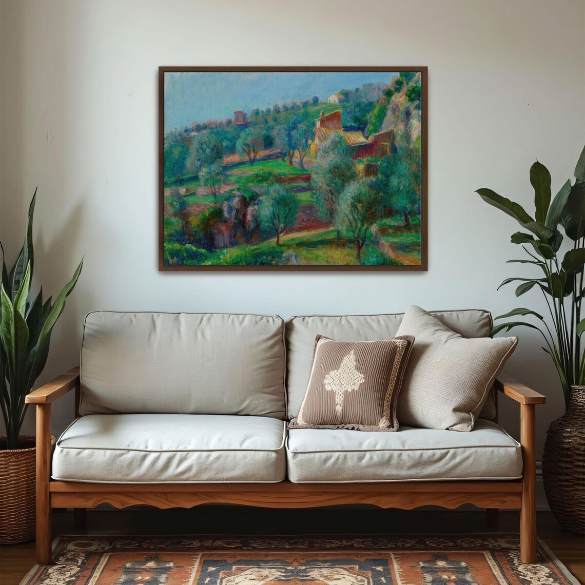 Large Framed Print Of Hillside With Houses And Trees Landscape Fine Art Print Green And Blue Bedroom Art Rustic Oil Painting - Image 5