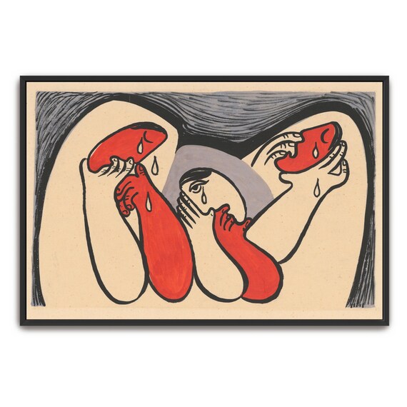 Art Deco Illustration Of Two Crying Women Red And Black Poster