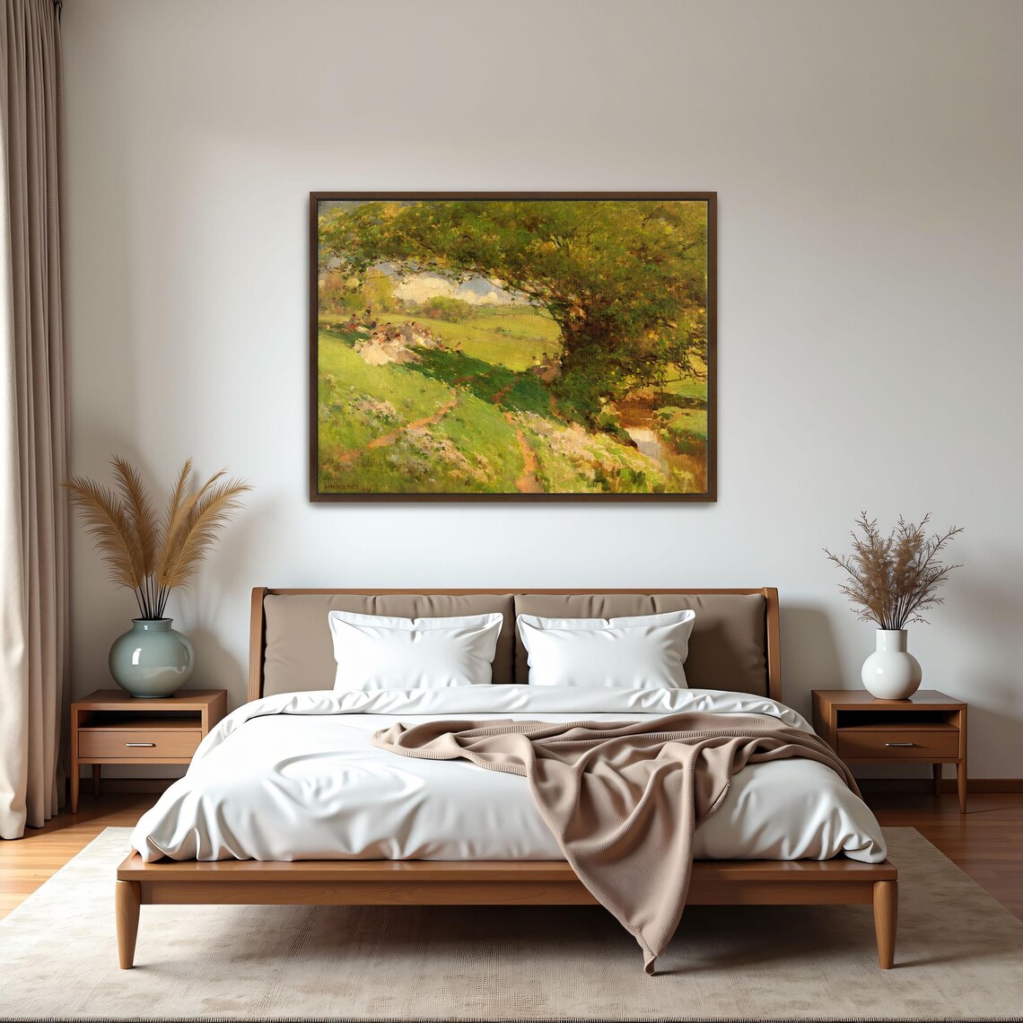Framed Print Of A Group Of People Rest Under A Tree In A Green Field Landscape Fine Art Print Green And Brown Entryway Artwork - Image 5