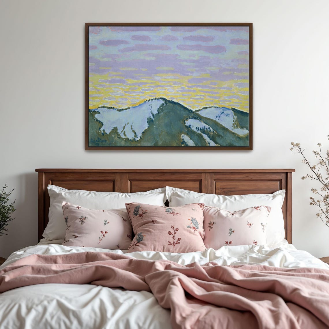 Large Framed Print Of Snowy Mountain Peaks At Dusk Mountain Print Purple And Yellow Entryway Art Print Abstract Art - Image 2